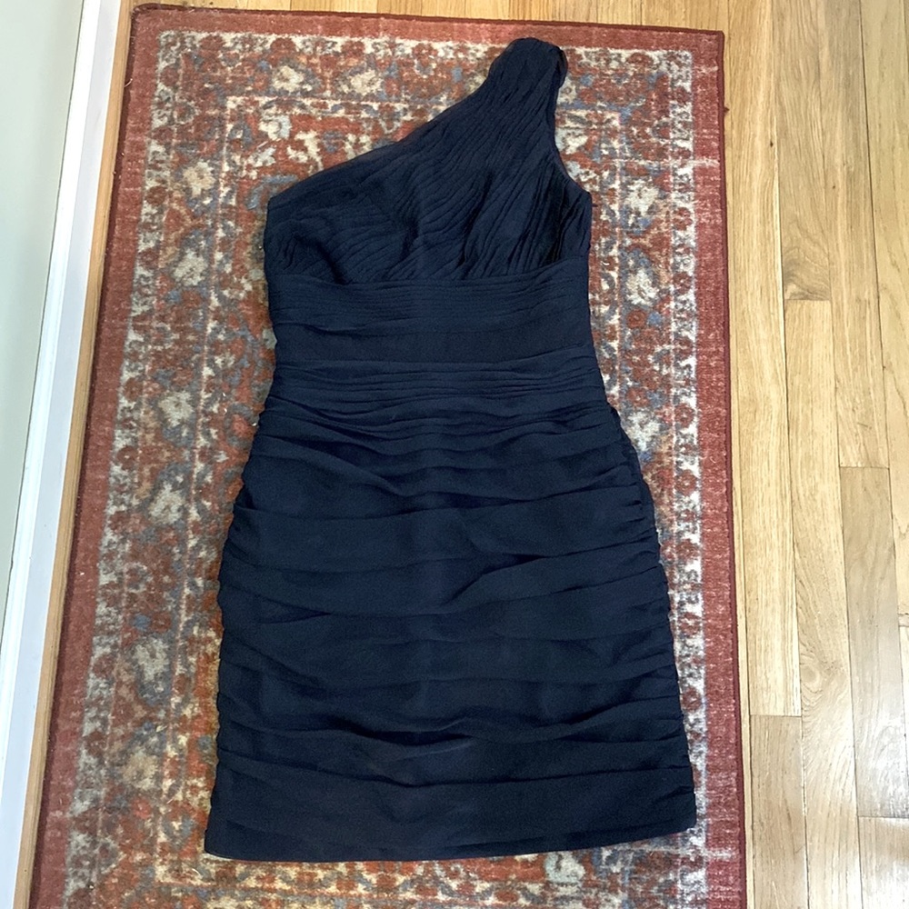 Monique Lhiullier one-shoulder dress, navy blue, size 14, ruched. Worn once.